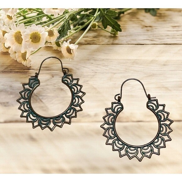 Patina Etched Metal Earrings Western Boho Distressed Southwestern Hoop NEW 2” - Picture 2 of 4